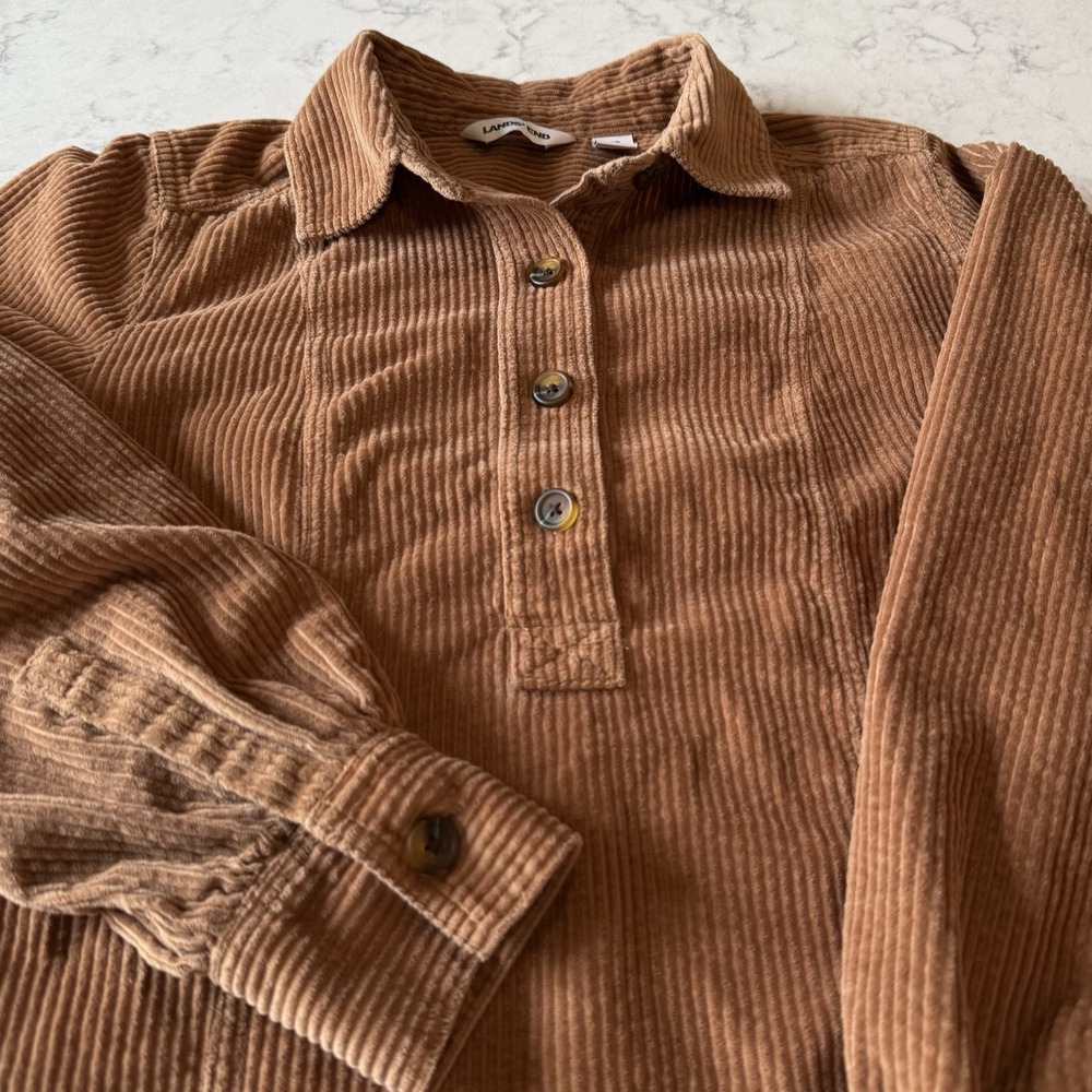 Lands End Women's XS (2-4) Tan Wide Wale Corduroy Collared Shirt Dress Pockets - Picture 6 of 12